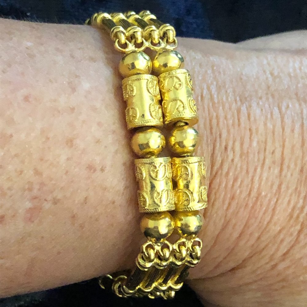 Solid 24K Yellow Gold Bamboo Bar & Bead Bracelet